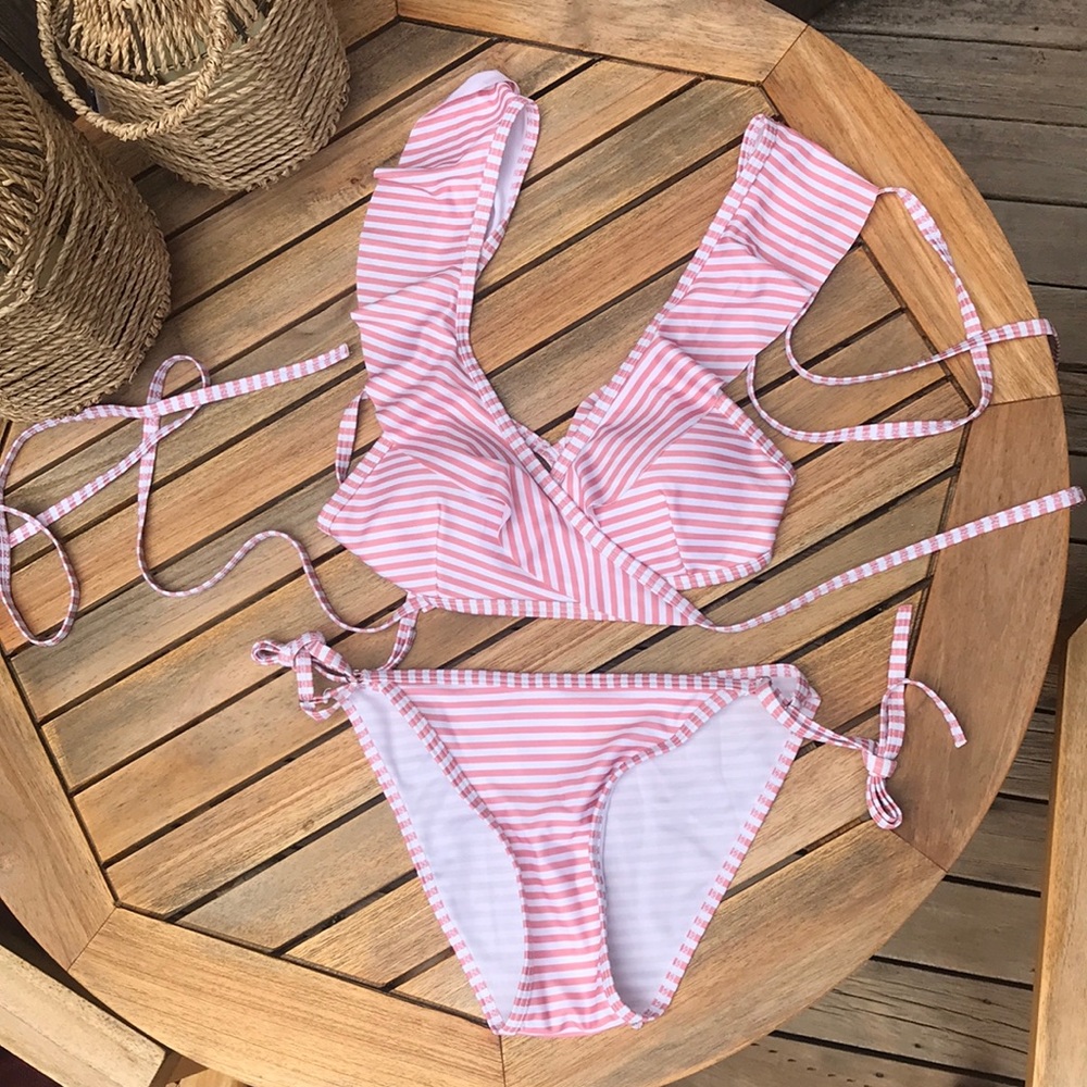 Pink and White Ruffled Wrap Bikini